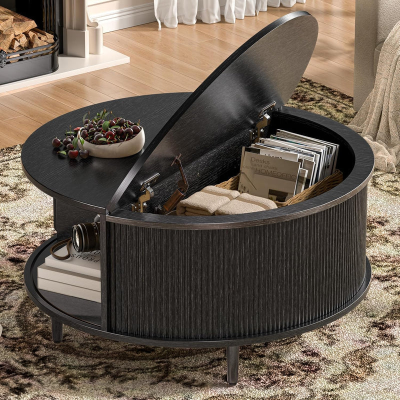 Round Fluted Coffee Table with Flip-Top Storage & Sliding Door