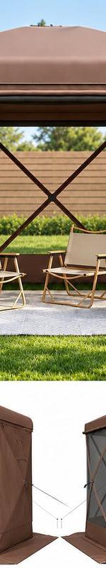 Army green 6-sided pop-up screen gazebo with a sofa set on a backyard patio - Brown 6 Sided.