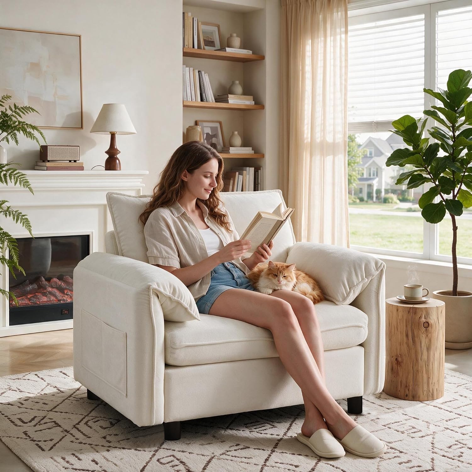 White round swivel vanity chair with a ribbed curved back- beside a cream dressing table- with a 360 degree rotation graphic drawn around the base