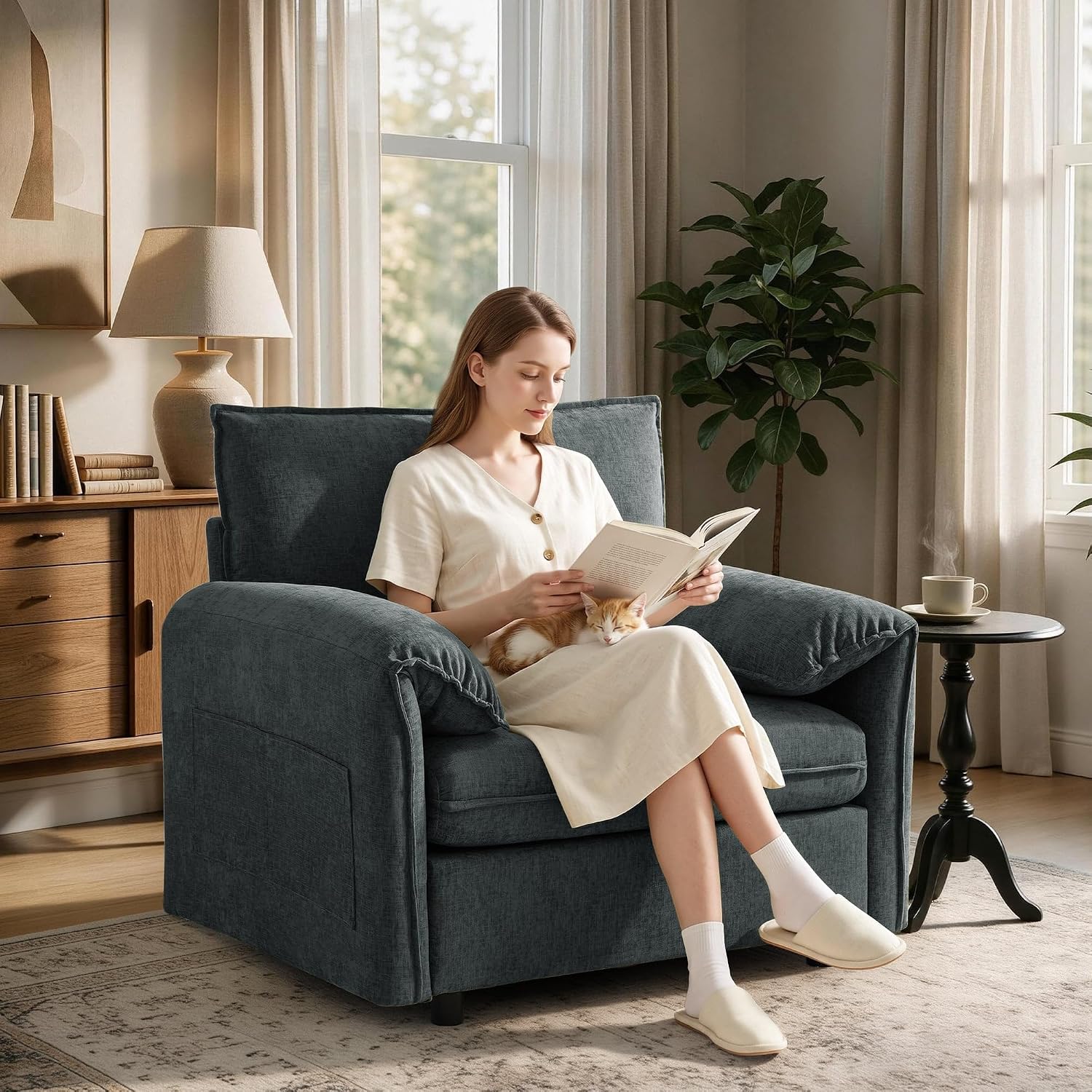 White round swivel vanity chair with a ribbed curved back- beside a cream dressing table- with a 360 degree rotation graphic drawn around the base