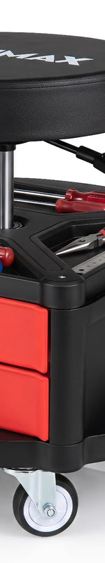 red-black-pneumatic-mechanic-stool-front-view.png | Red and black pneumatic mechanic stool shown from a front angle with padded seat and tool tray mechanic-stool-in-use-brake-repair.png | Mechanic seated on a red and black rolling stool while working on a car's brake rotor in a garage mechanic-stool-dimensions-weight-capacity-chart.jpg | Diagram showing the mechanic stool's seat size - Red 330 lbs