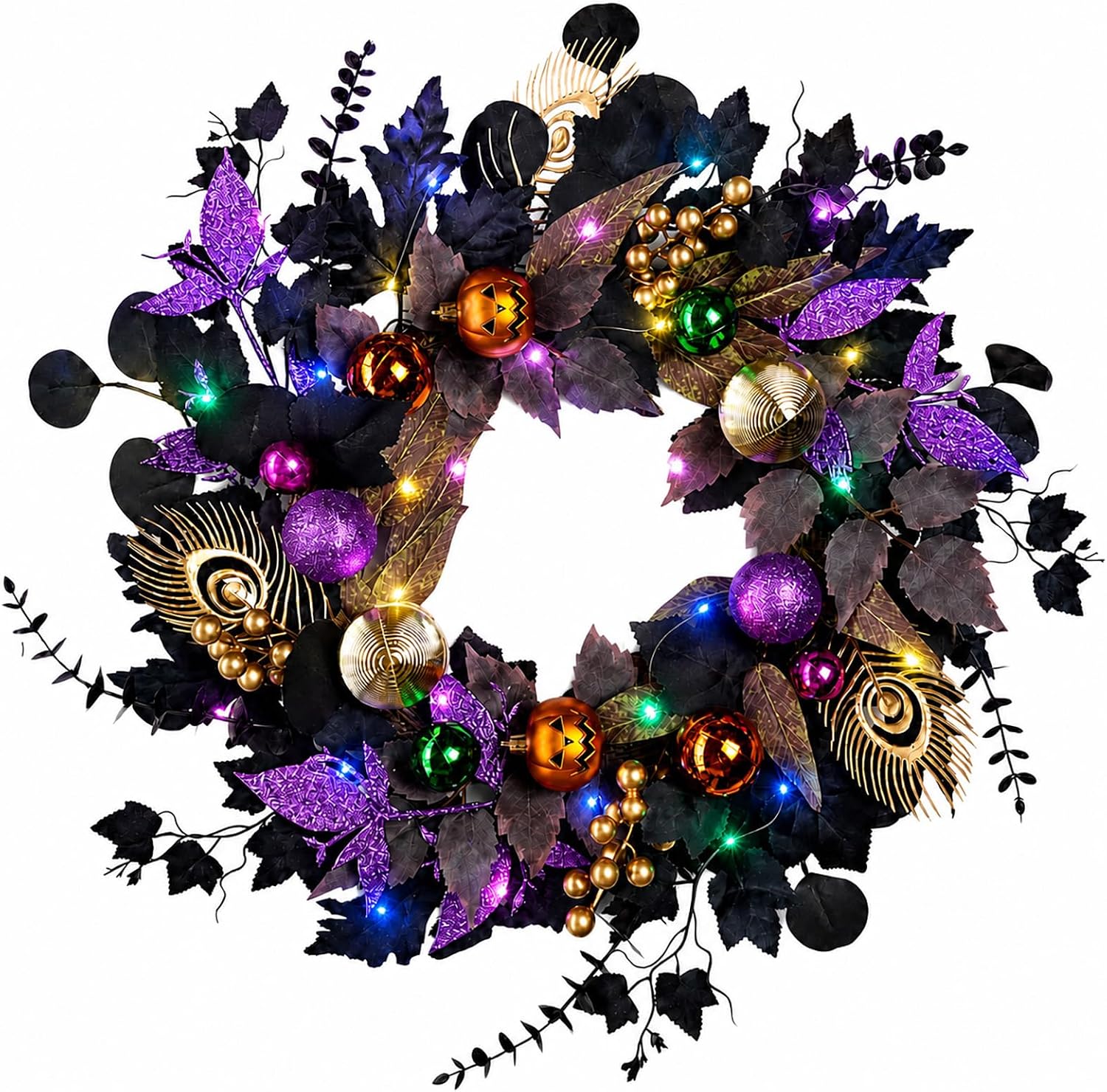 HALLOWEEN WREATH WITH LIGHTS FOR FRONT DOOR – PRE-LIT PUMPKIN, WITCH & GOTHIC PORCH DÉCOR - Black Purple & Gold Approx. 22" Lighted Halloween Wreath