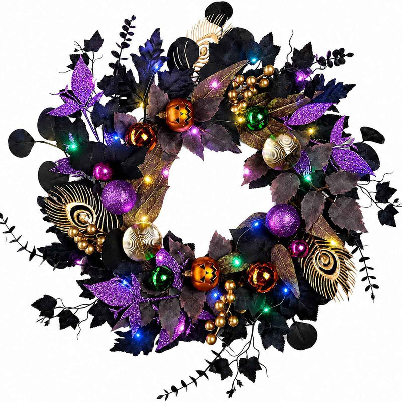HALLOWEEN WREATH WITH LIGHTS FOR FRONT DOOR – PRE-LIT PUMPKIN, WITCH & GOTHIC PORCH DÉCOR