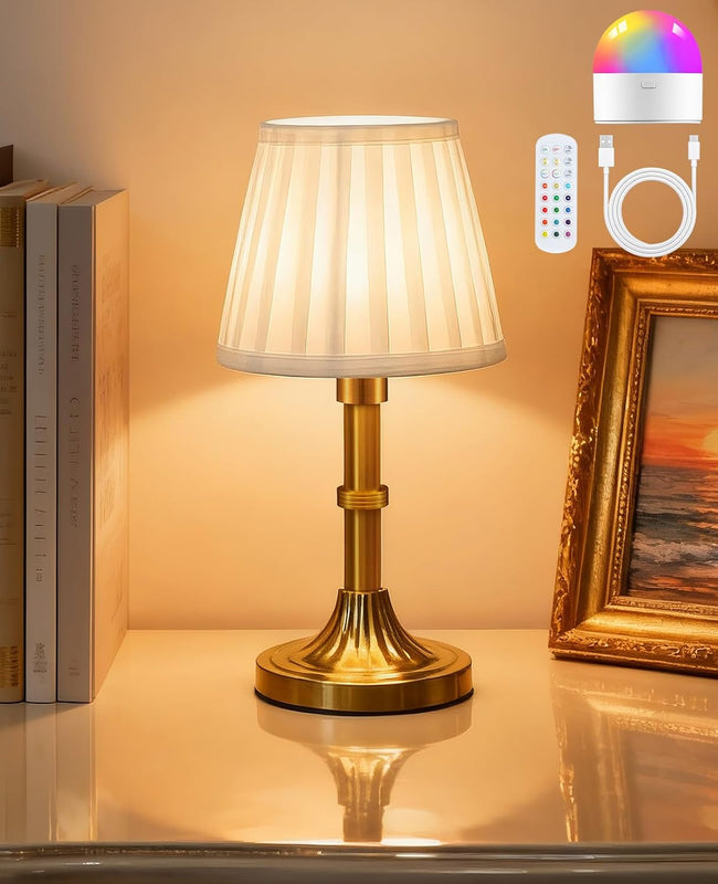 Black cordless rechargeable table lamp with linen fabric shade-lit