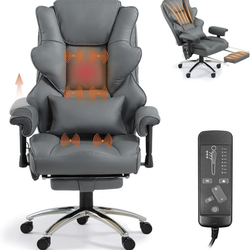Executive Office Chair with Heat and Massage – High Back Reclining PU Leather Desk Chair with Footrest