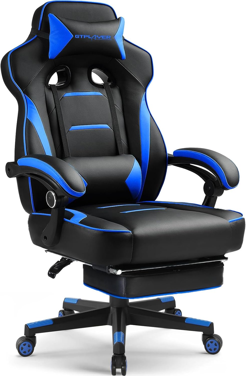 Blue and black big and tall gaming chair with footrest extended in a gaming room