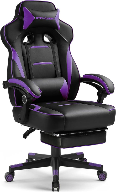 Blue and black big and tall gaming chair with footrest extended in a gaming room