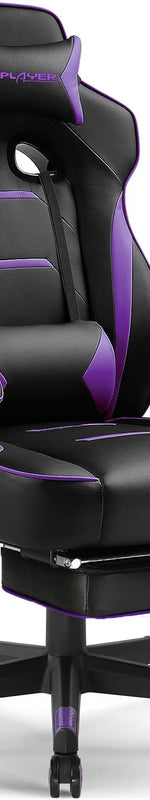 Blue and black big and tall gaming chair with footrest extended in a gaming room - 20.1"W x 19.7"D / Ergo-purple