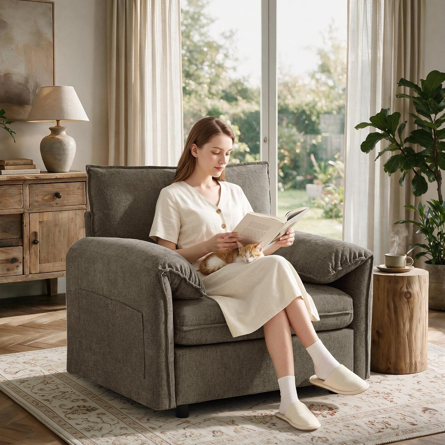 White round swivel vanity chair with a ribbed curved back- beside a cream dressing table- with a 360 degree rotation graphic drawn around the base