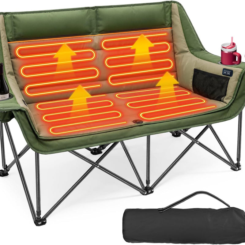 Double Heated Camping Chair with 3 Heat Levels & USB Power Pocket
