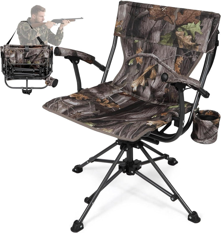 Camo swivel hunting chair with armrests and all-terrain swivel base