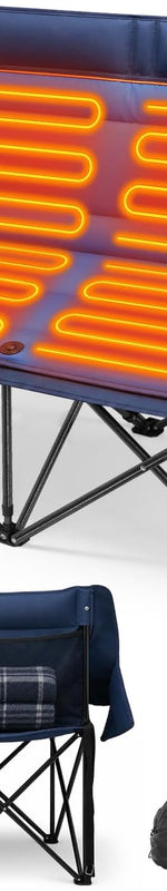 Black and blue heated camping chair with glowing orange heating zones across the seat and backrest - Blue (Double)