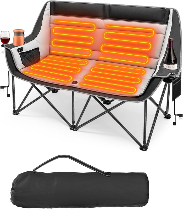 Black and blue heated camping chair with glowing orange heating zones across the seat and backrest