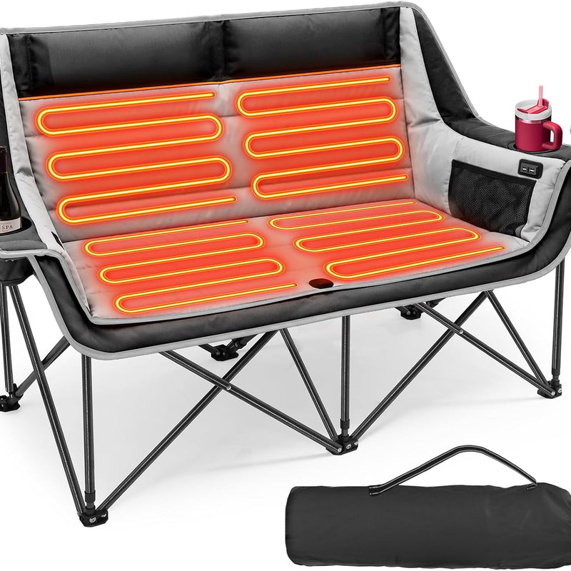 Double Heated Camping Chair with 3 Heat Levels & USB Power Pocket