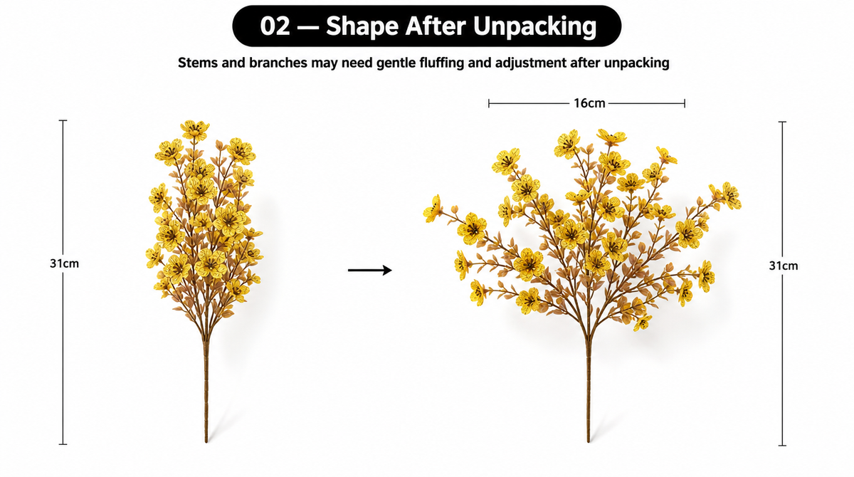 Yellow artificial daisy bundle before and after spreading its branches, labeled 31 cm tall and 16 cm wide after shaping.