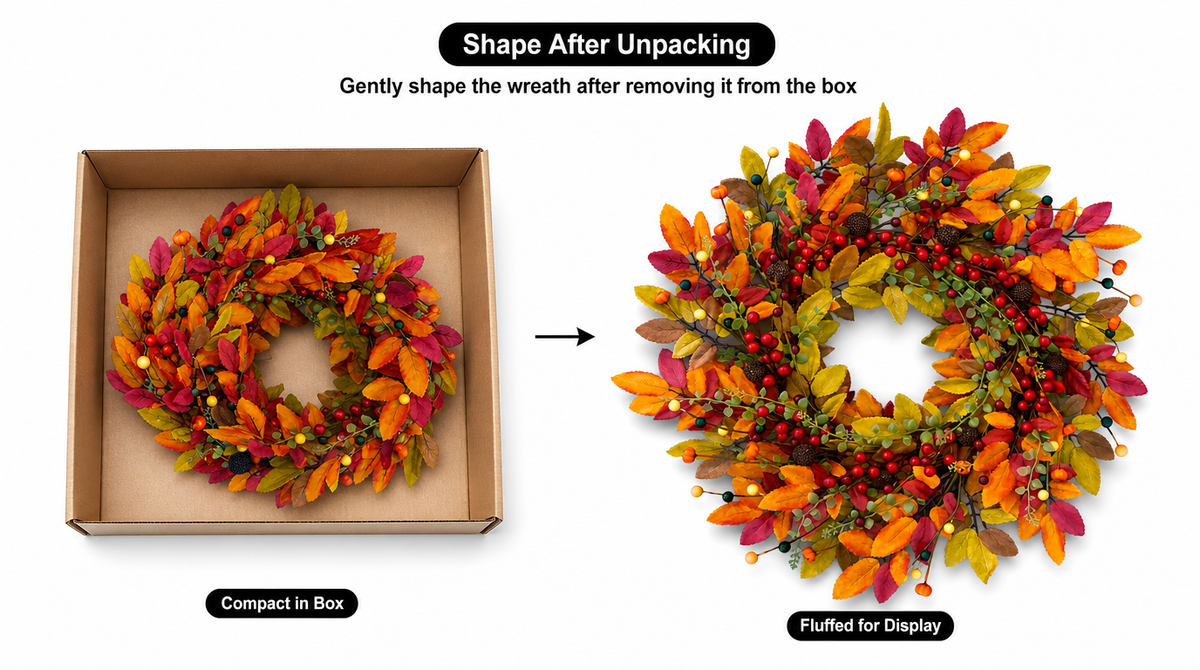 “Compact wreath inside its shipping box compared with its fuller, round shape after the branches and leaves are spread.”
