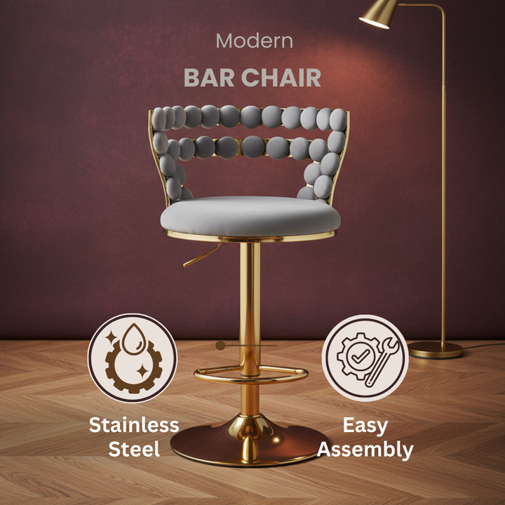 Modern Bar chair(set of 2 ) with golden color iron tube legs, soft cushions and comfortable backrest, suitable for dining room, living room, cafe,Bar stool,grey