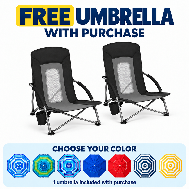 Folding Beach Chairs 2-Pack – Mesh Back with Cup Holders