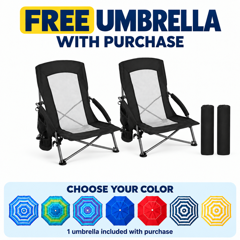 Folding Beach Chairs 2-Pack – Mesh Back with Cup Holders