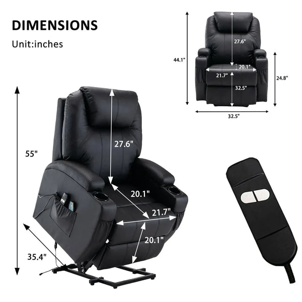 Black Power Heated Massage Lift Assist Recliner