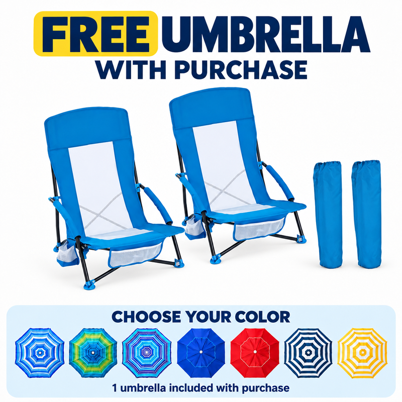 Folding Beach Chairs 2-Pack – Mesh Back with Cup Holders