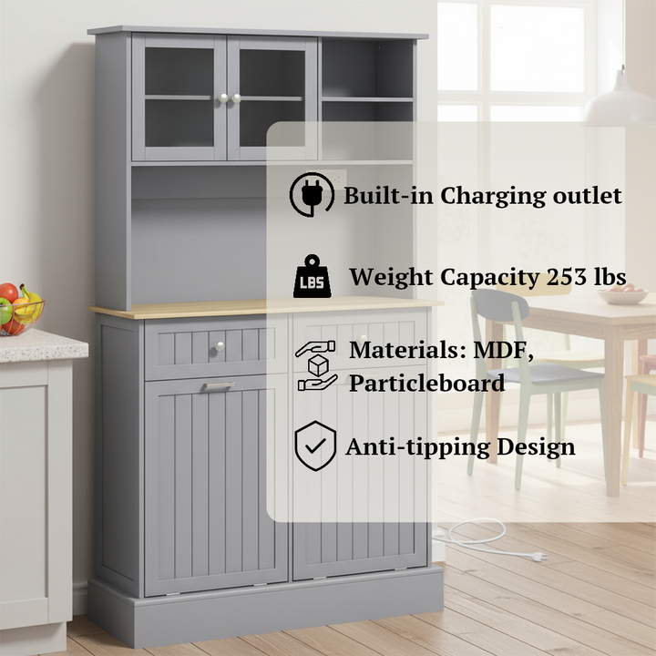 HOMCOM Kitchen Pantry Storage Cabinet with Charging Station, 2 Tilt Out Cabinets, Microwave Stand, Gray