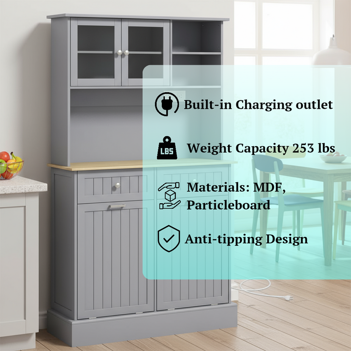 HOMCOM Kitchen Pantry Storage Cabinet with Charging Station, 2 Tilt Out Cabinets, Microwave Stand, Gray