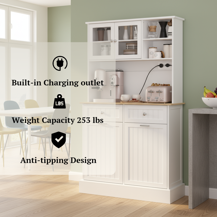 HOMCOM 68" Storage Pantry Cupboards, Freestanding Cabinet w/ 2 Tilt Out Cabinets & Build-in Charging Station for Dining Room, White