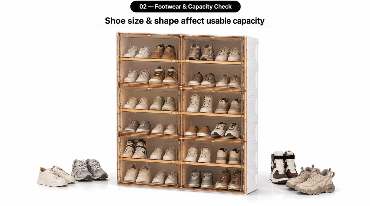 Shoe cabinet displaying sneakers and high-tops, illustrating how footwear size and shape affect usable storage capacity