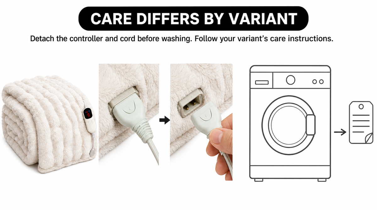 Hand pulls the cord connector out of the blanket before washing; follow the care instructions for your variant.
