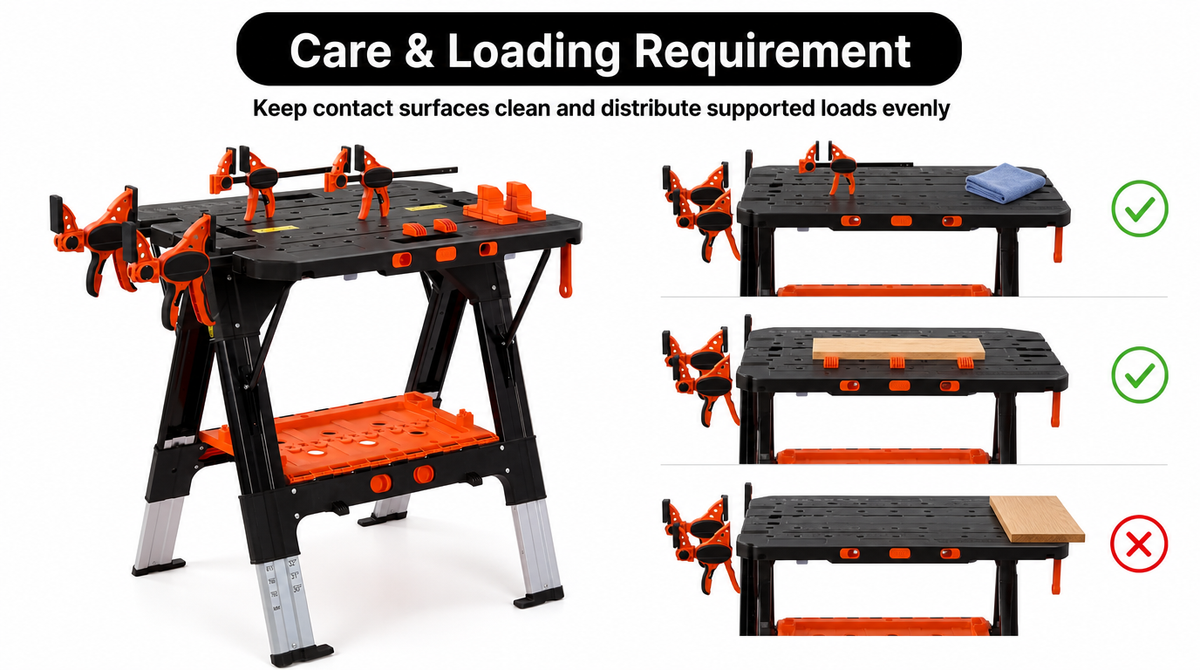 “Clean tabletop and centered board marked correct; board placed at the far edge marked incorrect. Distribute supported loads evenly.”