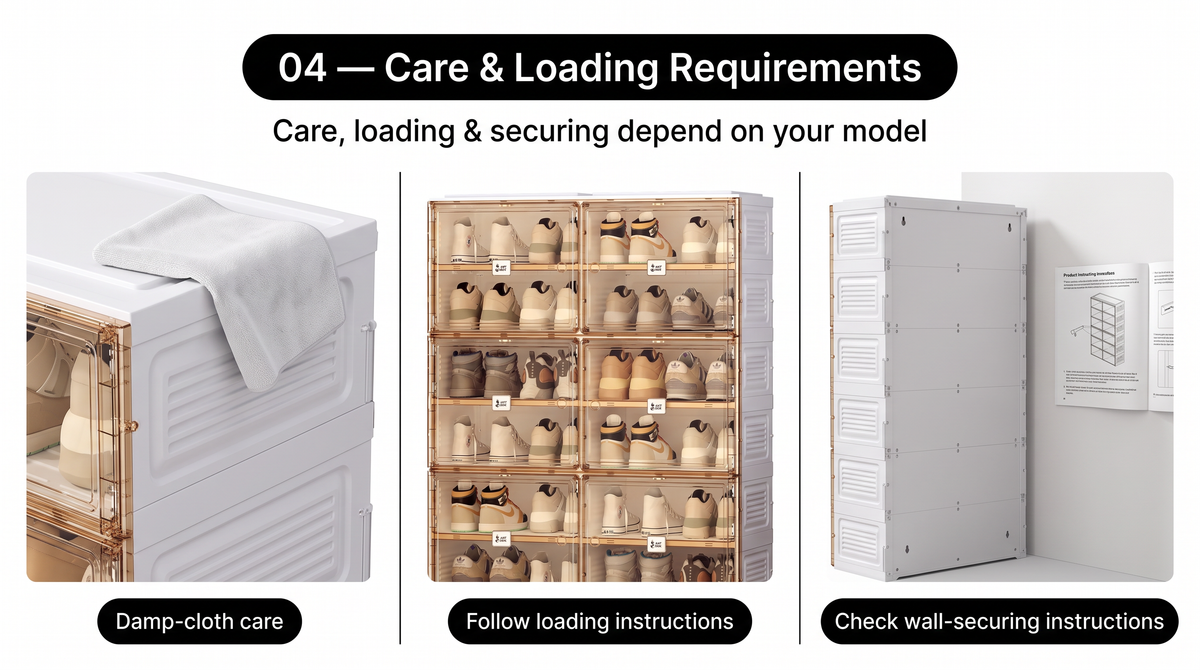 Damp-cloth cleaning, loaded shoe shelves, and a cabinet rear view illustrate care, loading, and wall-securing instructions.