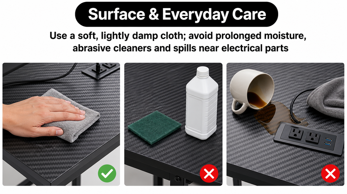 “Wipe with a soft, lightly damp cloth; avoid abrasive cleaners, prolonged moisture, and spills near electrical parts.”