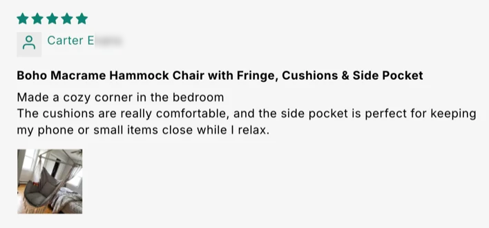 Boho Macrame Hammock Chair with Fringe, 2 Cushions & Side Pocket customer review screenshot 1