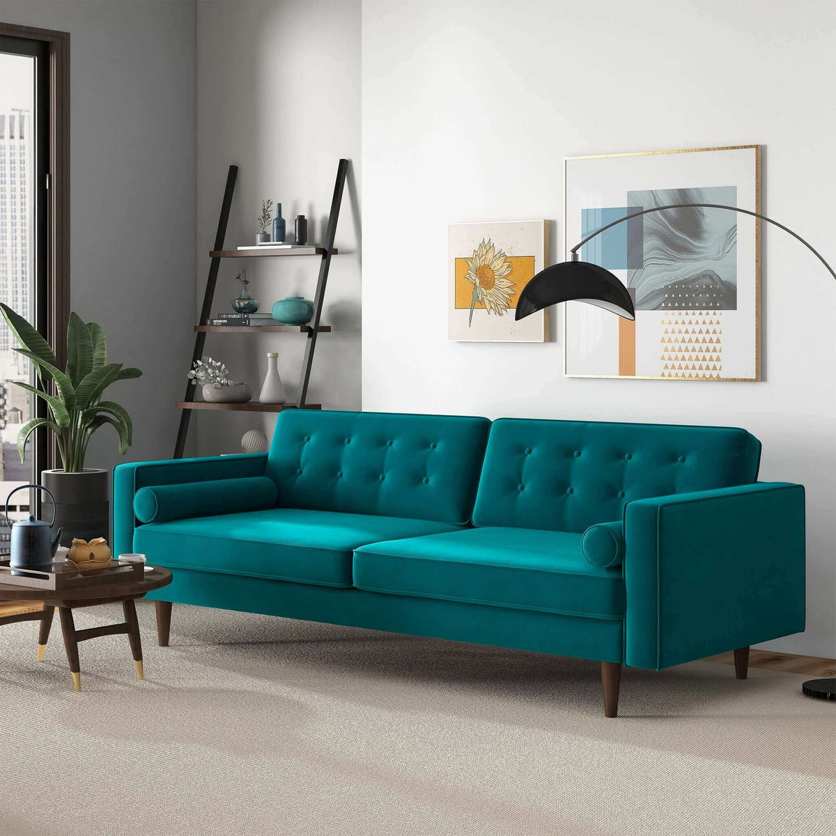 Casey Mid Century Modern Teal Velvet Sofa