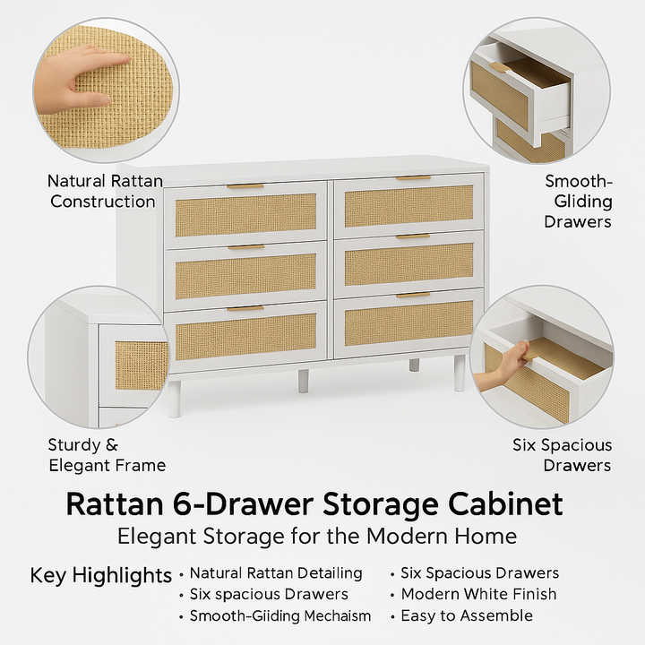 White Rattan 6-Drawer Storage Cabinet – Modern Coastal Organization | Bedroom Storage Furniture | Trufairs
