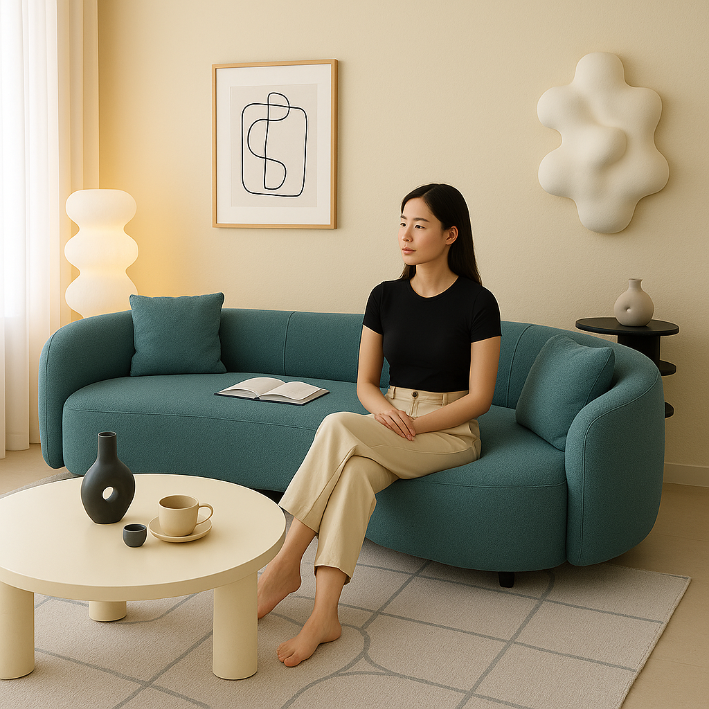 5-Seater Blue Boucle Curved Sectional Sofa - Half Moon Modern Living Room Couch with 4 Throw Pillows