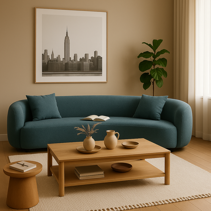 5-Seater Blue Boucle Curved Sectional Sofa - Half Moon Modern Living Room Couch with 4 Throw Pillows