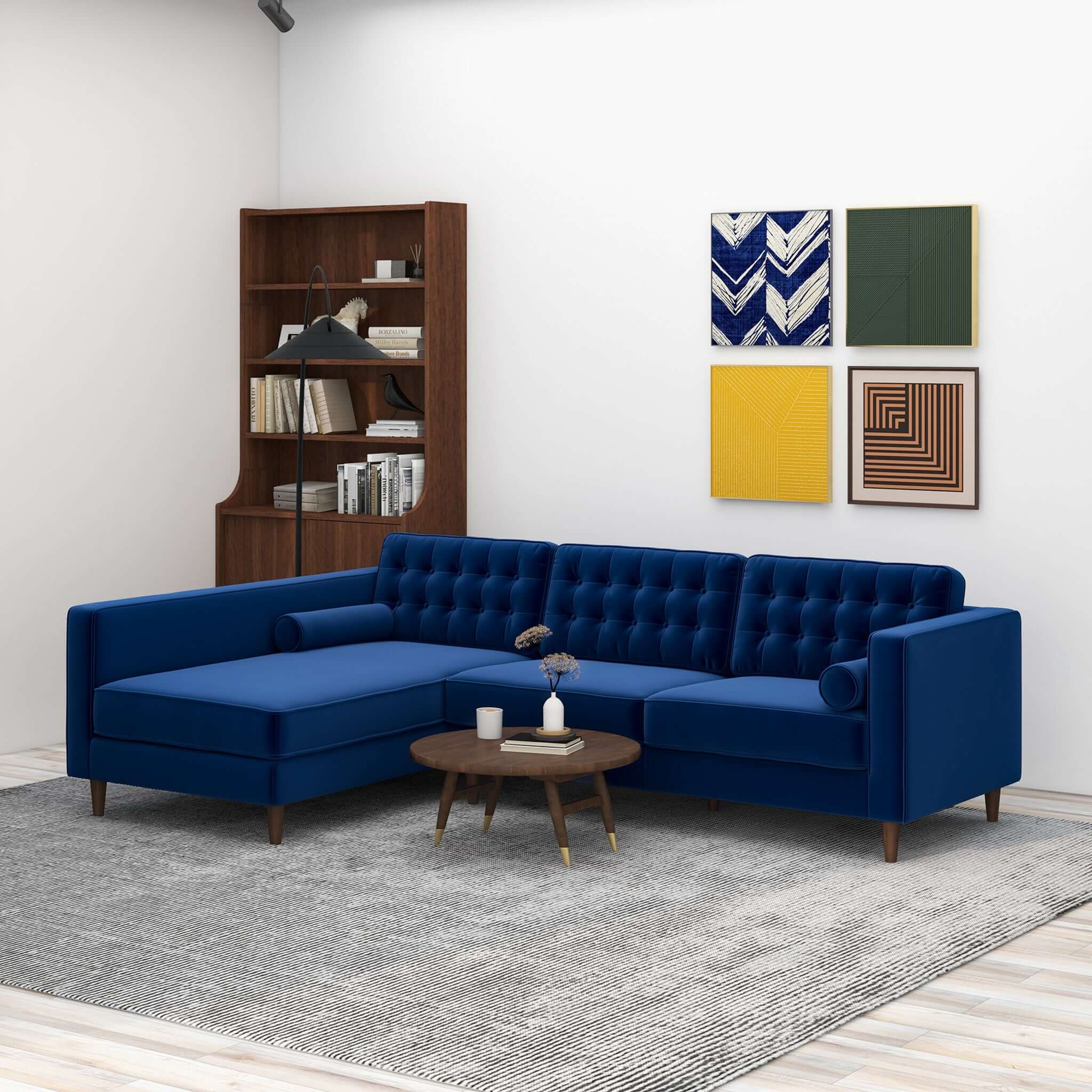 Christian Blue Velvet Sectional Sofa Left Facing