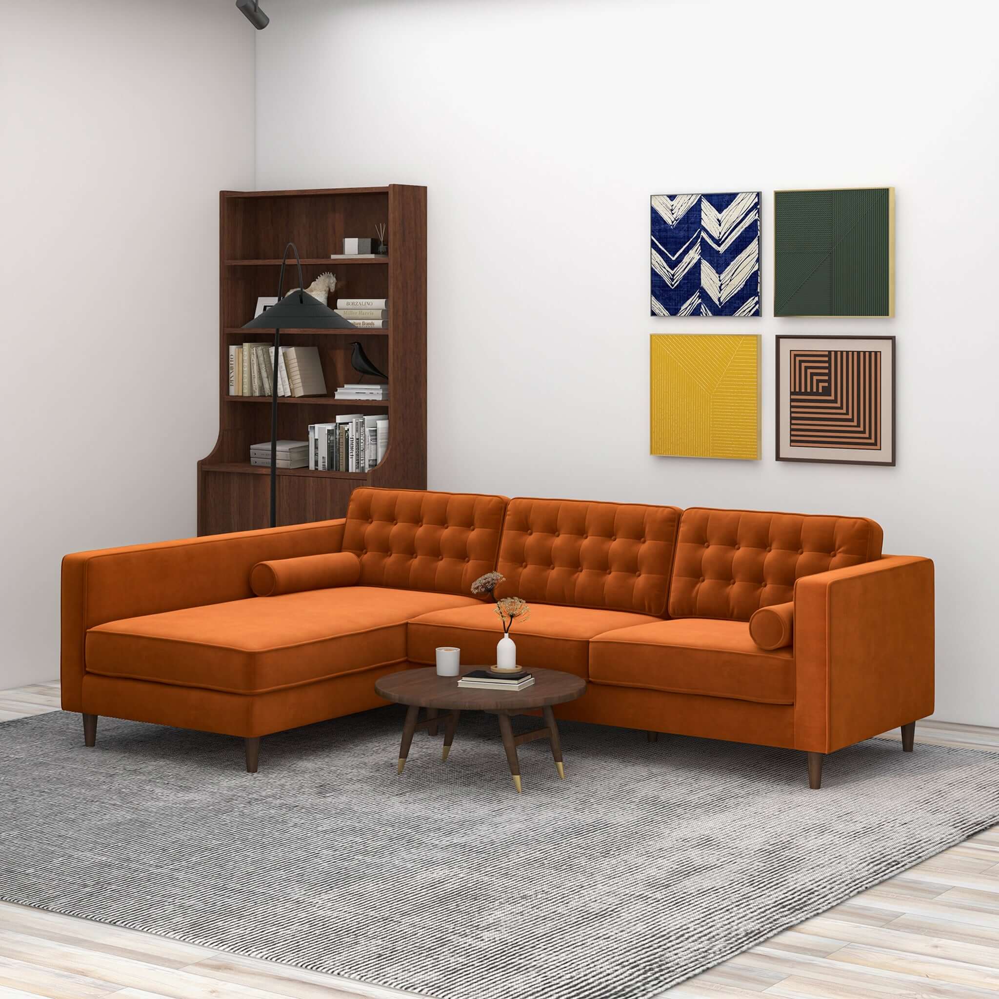 Christian Burnt Orange Velvet Sectional Sofa Left Facing