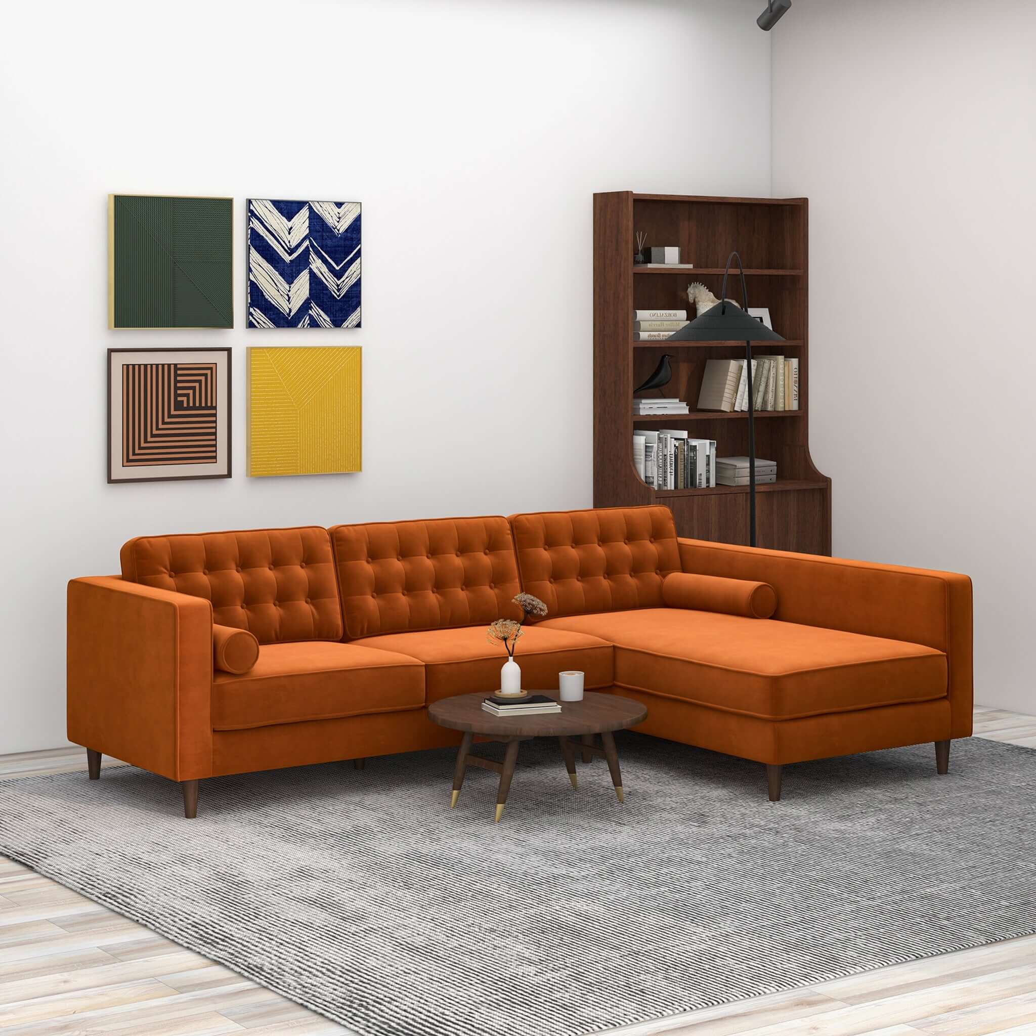 Christian Burnt Orange Velvet Sectional Sofa Right Facing