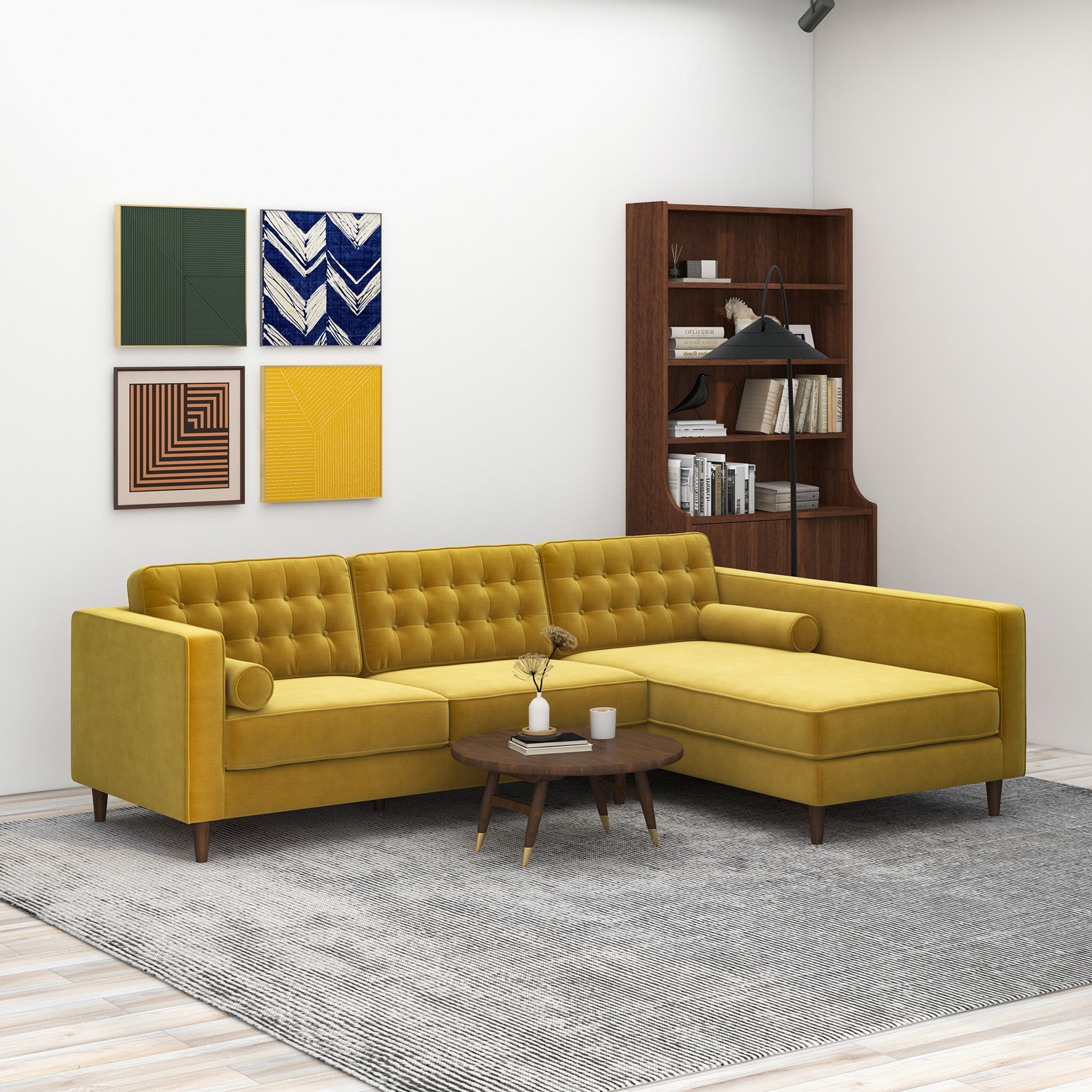 Christian Dark Yellow Velvet Sectional Sofa Right Facing