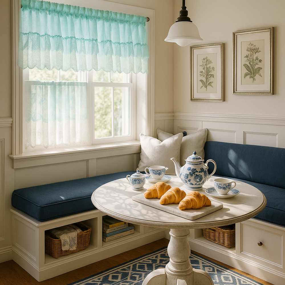 Coastal Blue & White Floral Lace Door Curtain
