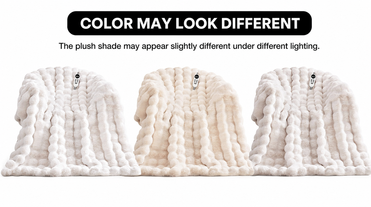 Three views of the same white faux fur heated blanket show its color shifting from cool white to warm cream with lighting