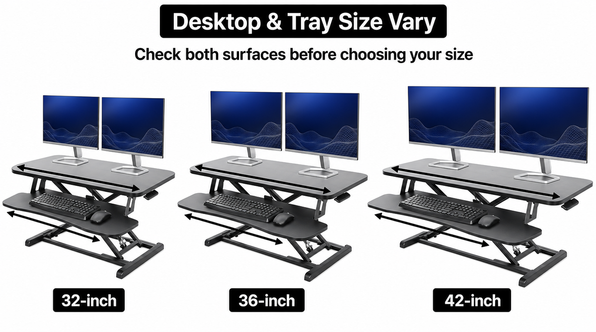 “32-, 36-, and 42-inch desk converters compared, with arrows highlighting desktop and keyboard-tray widths to check.”
