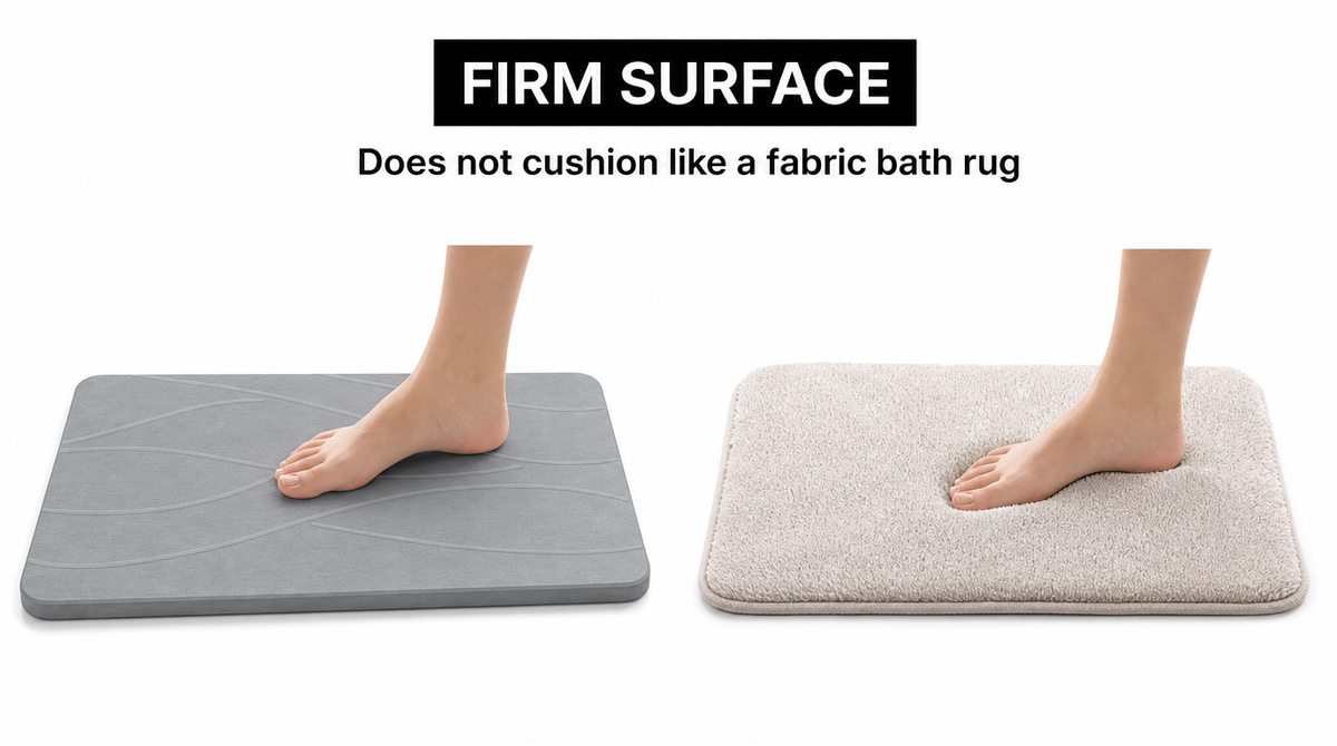 Bare feet compare the firm stone bath mat with a plush fabric rug; the stone surface provides no cushioning.