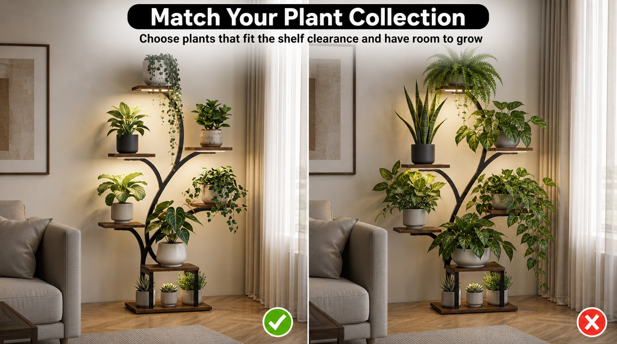 “Spaced plants marked suitable beside crowded, oversized foliage marked unsuitable; leave room between shelves for growth.”
