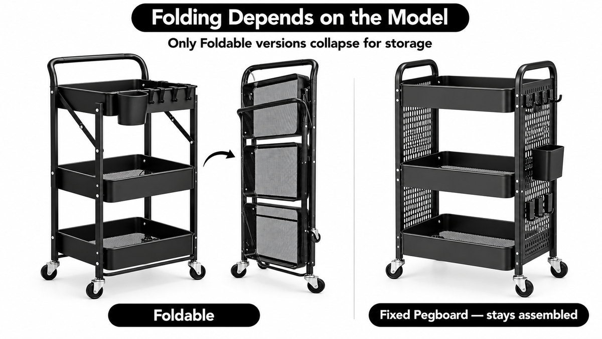 Foldable cart shown open and collapsed flat beside a Fixed Pegboard cart that remains assembled.
