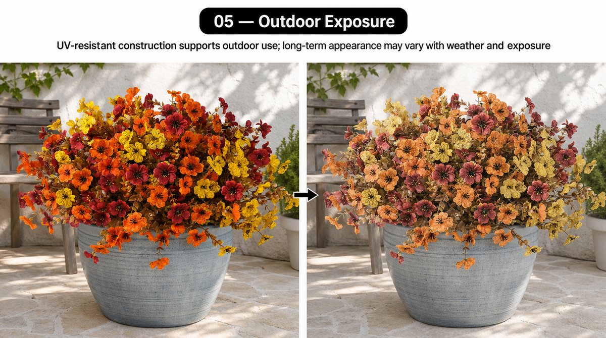 Bright and faded versions of a potted fall flower arrangement illustrate possible color changes from outdoor exposure