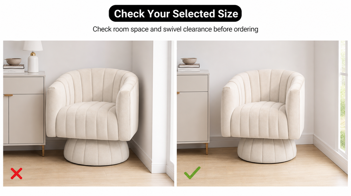 “Red X marks a beige chair crowded against furniture and a wall; green check marks placement with swivel clearance.”